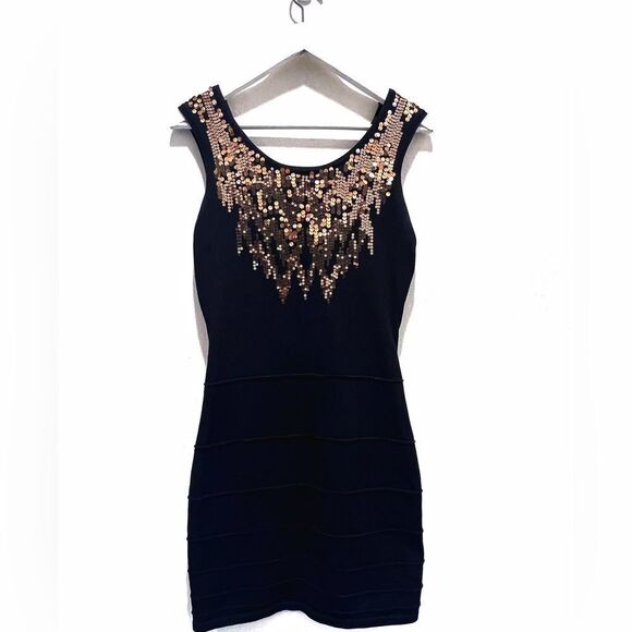 Y2K 2b Bebe Black Metallic Gold Sequin Bandage Sleeveless Cutout Back Slip - Picture 7 of 14